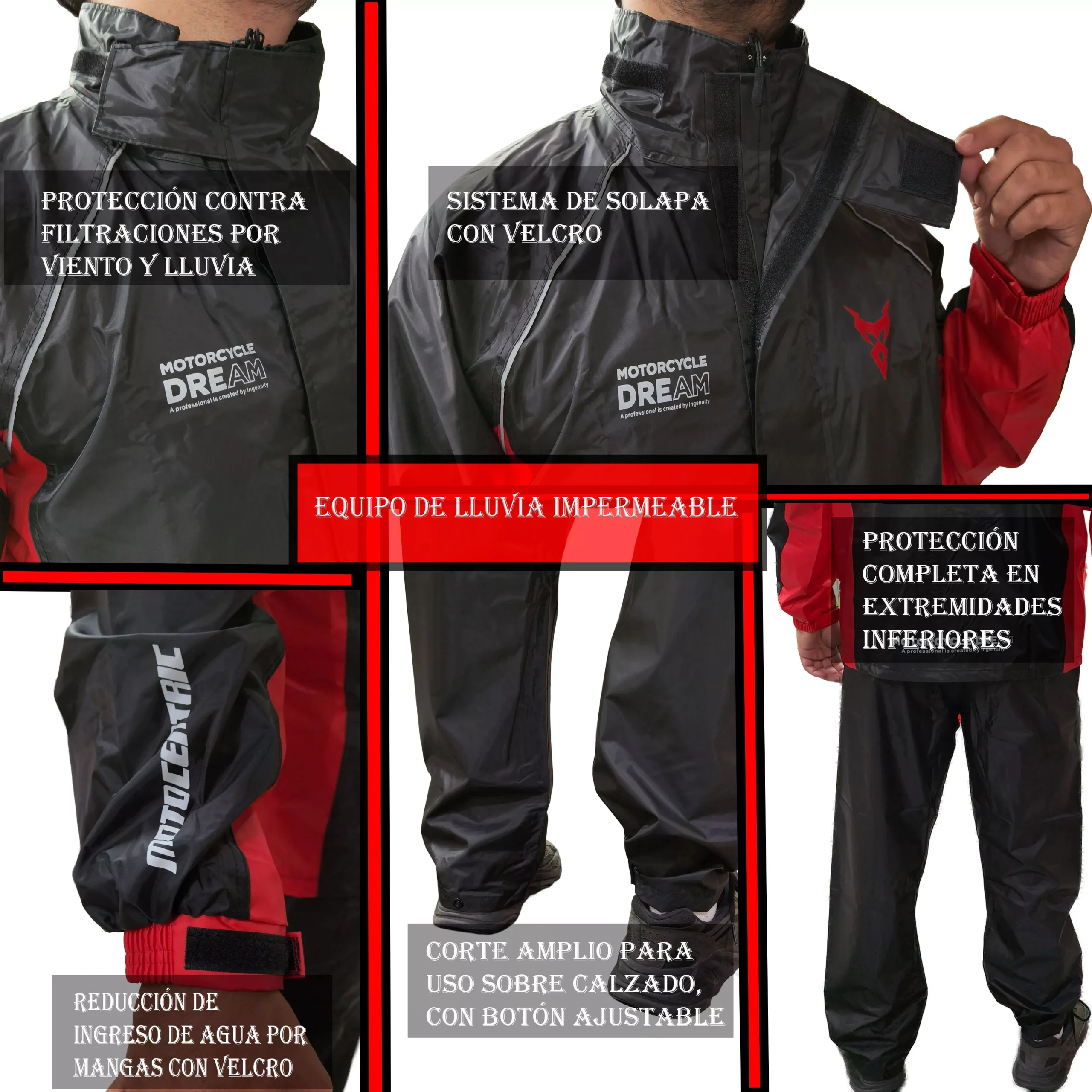 Traje de lluvia Motocentric - Negro/Rojo - Imagen 3
